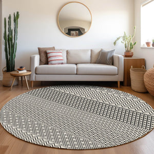 HomeRoots 8' White and Black Striped Washable Round Rug - Durable, UV-Protected, Easy-Care Design for Any Space 674823
