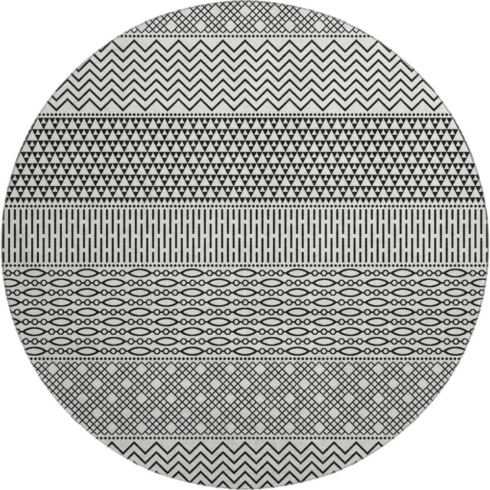 HomeRoots 8' White and Black Striped Washable Round Rug - Durable, UV-Protected, Easy-Care Design for Any Space 674823