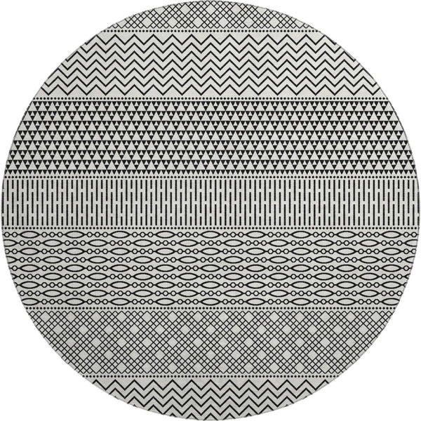 HomeRoots 8' White and Black Striped Washable Round Rug - Durable, UV-Protected, Easy-Care Design for Any Space 674823
