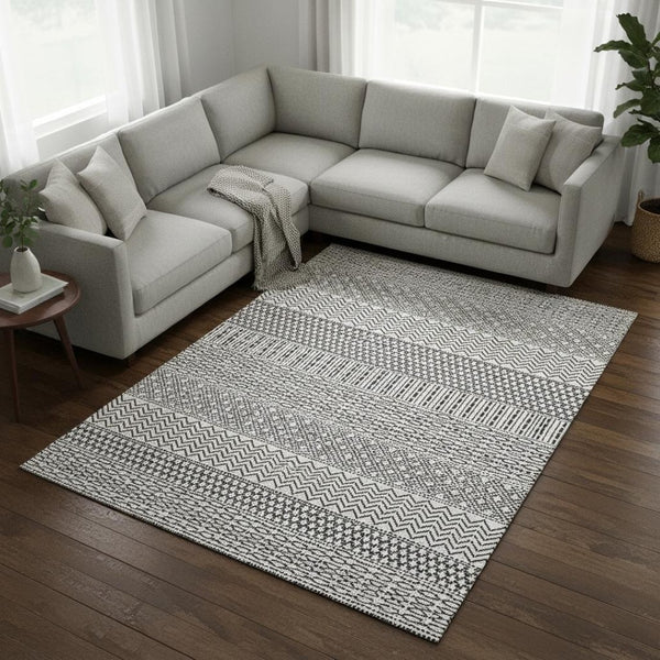 HomeRoots 8' X 10' Striped Washable Area Rug - Modern Black & White Design with UV Protection & Stain Resistance 674824