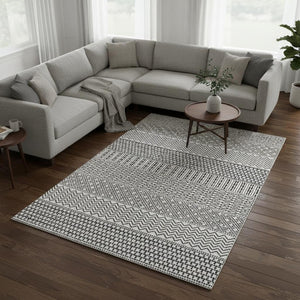 HomeRoots 9' X 12' Striped Washable Area Rug - Stylish Black & White Design with UV Protection for Durability 674825