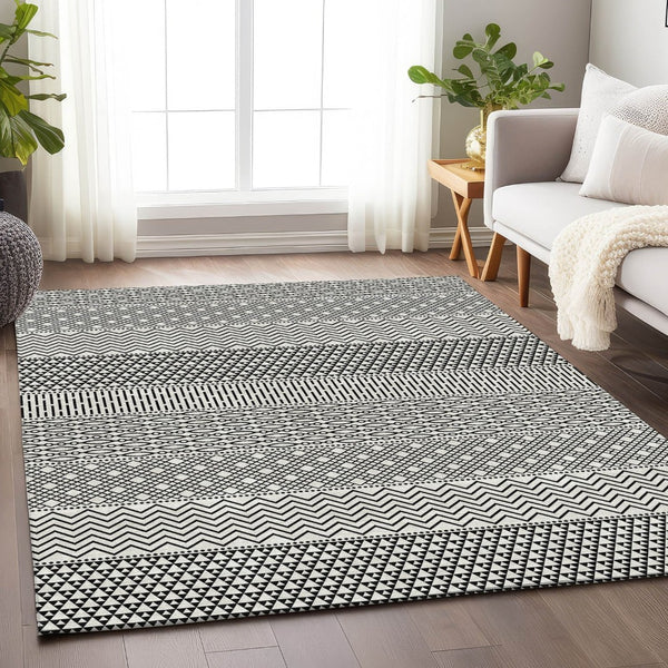 HomeRoots 9' X 12' Striped Washable Area Rug - Stylish Black & White Design with UV Protection for Durability 674825