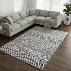 HomeRoots 10' X 14' Washable White and Black Striped Area Rug with UV Protection for High-Traffic Spaces 674826