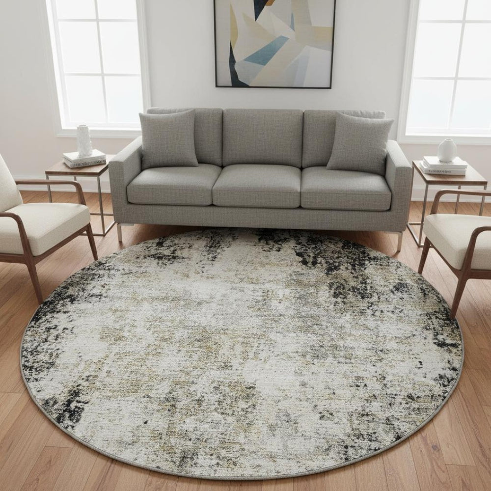 HomeRoots 8' Black and Ivory Abstract Washable Round Rug – Durable, Stain-Resistant, UV-Protected for High-Traffic Areas 674829