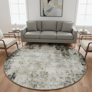 HomeRoots 8' Black and Ivory Abstract Washable Round Rug – Durable, Stain-Resistant, UV-Protected for High-Traffic Areas 674829