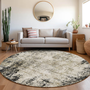 HomeRoots 8' Black and Ivory Abstract Washable Round Rug – Durable, Stain-Resistant, UV-Protected for High-Traffic Areas 674829