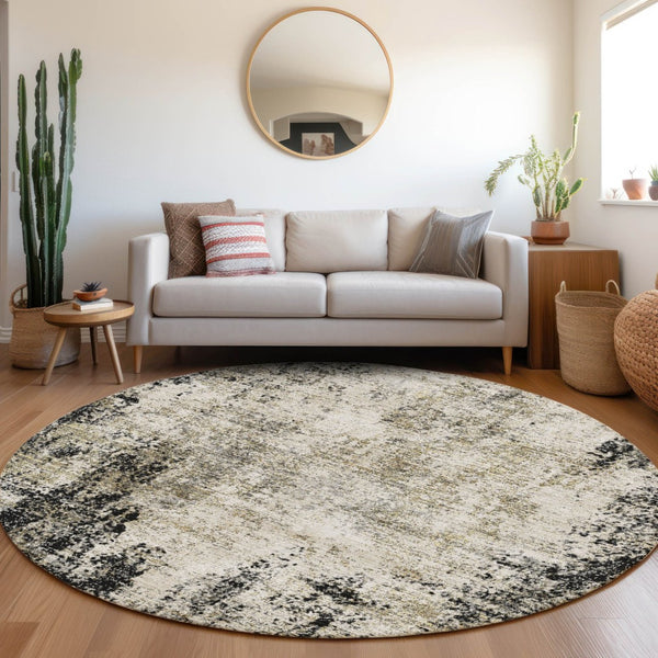 HomeRoots 8' Black and Ivory Abstract Washable Round Rug – Durable, Stain-Resistant, UV-Protected for High-Traffic Areas 674829