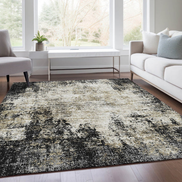 HomeRoots 10' X 14' Black And Ivory Abstract Area Rug – Washable, UV-Protected, Stylish & Stain-Resistant Design 674832