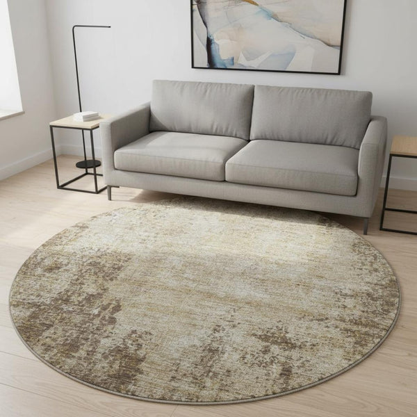 HomeRoots 8' Washable Brown and Beige Abstract Round Rug with UV Protection - Stylish, Durable, and Easy-Care! 674835
