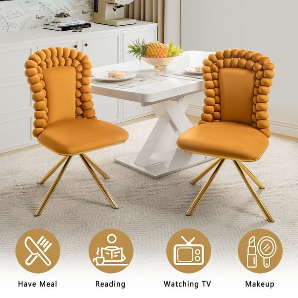 English Elm Dining Velvet Swivel Chairs Set of 2 with Hairball Backrest, Gold Metal Legs, Plush Foam Seat, Adjustable Feet Orange W757P281149
