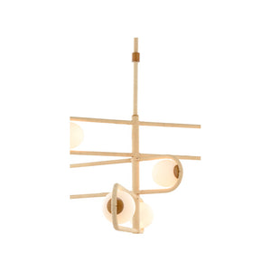 Wildwood Sol Hand-Wrapped Rattan Chandelier With Six Milk Glass Globes, Three-Tier Geometric Statement Fixture 44h x 35w x 35d 67484