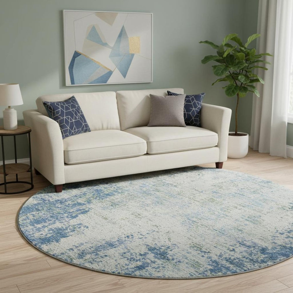 HomeRoots 8' Denim Blue & Ivory Abstract Washable Round Rug – Stain-Resistant, UV Protected, Family Friendly 674841