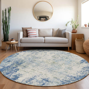 HomeRoots 8' Denim Blue & Ivory Abstract Washable Round Rug – Stain-Resistant, UV Protected, Family Friendly 674841