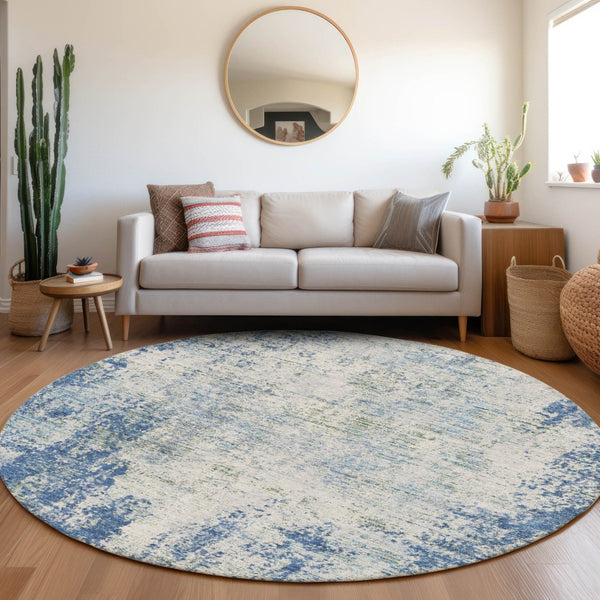 HomeRoots 8' Denim Blue & Ivory Abstract Washable Round Rug – Stain-Resistant, UV Protected, Family Friendly 674841