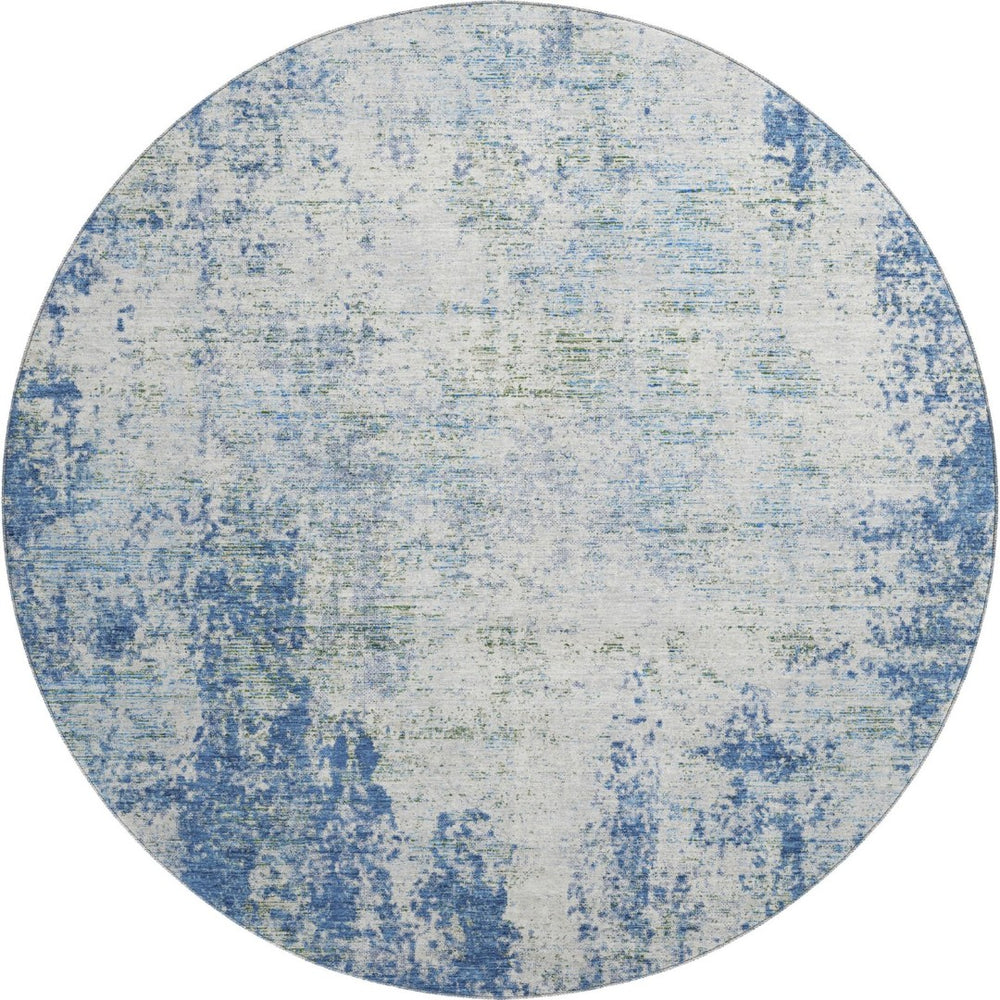 HomeRoots 8' Denim Blue & Ivory Abstract Washable Round Rug – Stain-Resistant, UV Protected, Family Friendly 674841