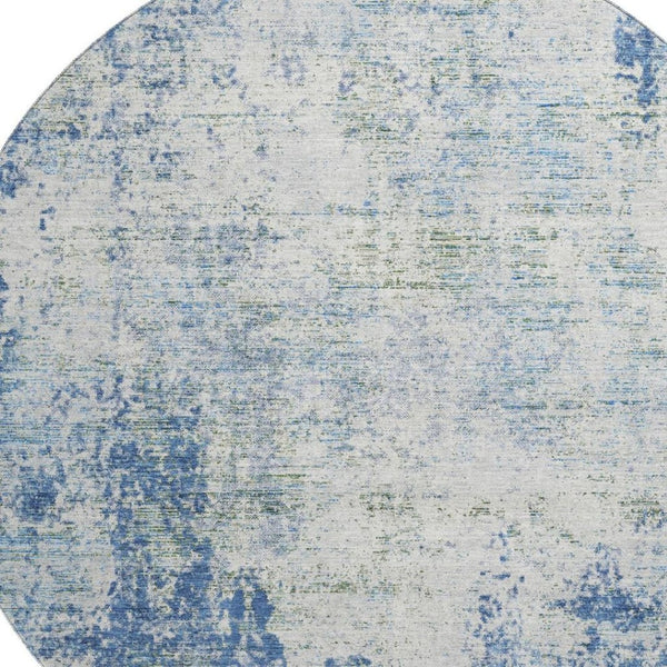 HomeRoots 8' Denim Blue & Ivory Abstract Washable Round Rug – Stain-Resistant, UV Protected, Family Friendly 674841