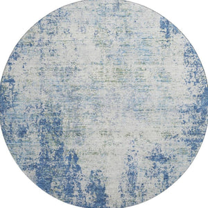 HomeRoots 8' Denim Blue & Ivory Abstract Washable Round Rug – Stain-Resistant, UV Protected, Family Friendly 674841