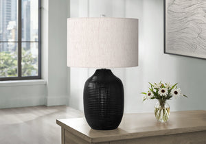 English Elm Lighting, 26"h Black Glazed Ceramic Ginger Jar Table Lamp with Ivory Linen Drum Shade & Silver Finial B2710P220121