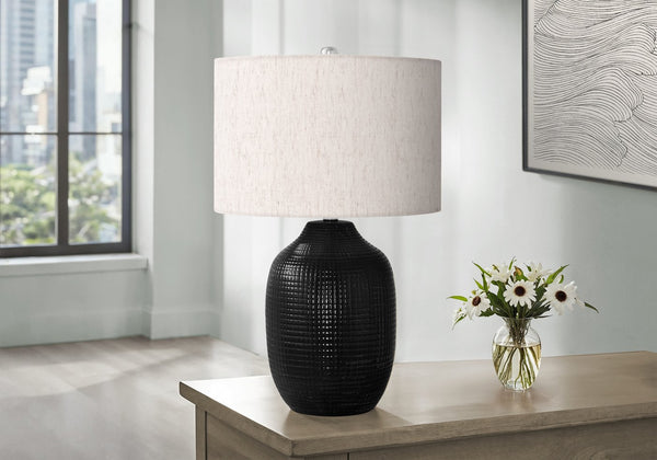 English Elm Lighting, 26"h Black Glazed Ceramic Ginger Jar Table Lamp with Ivory Linen Drum Shade & Silver Finial B2710P220121