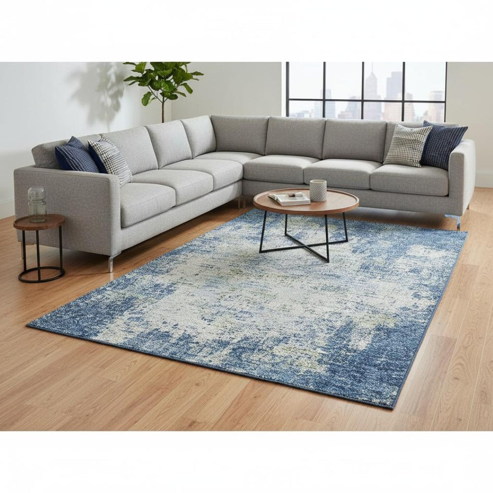 HomeRoots 8' X 10' Washable Denim Blue & Ivory Abstract Area Rug with UV Protection for Modern Homes 674842