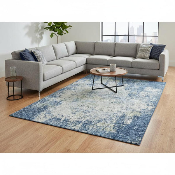 HomeRoots 8' X 10' Washable Denim Blue & Ivory Abstract Area Rug with UV Protection for Modern Homes 674842