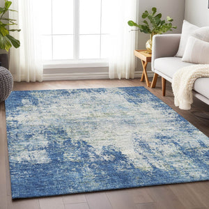 HomeRoots 8' X 10' Washable Denim Blue & Ivory Abstract Area Rug with UV Protection for Modern Homes 674842