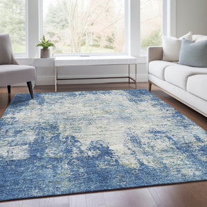 HomeRoots 9' X 12' Abstract Denim Blue and Ivory Area Rug - Washable, UV Protected, Stain-Resistant Design 674843