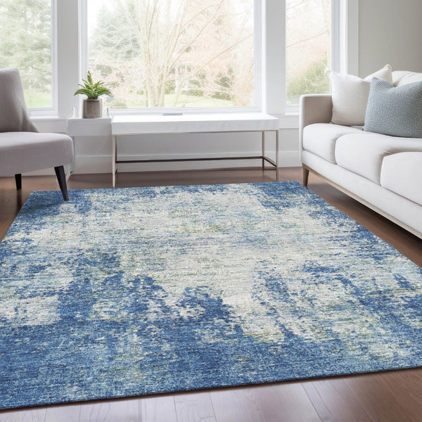 HomeRoots 9' X 12' Abstract Denim Blue and Ivory Area Rug - Washable, UV Protected, Stain-Resistant Design 674843