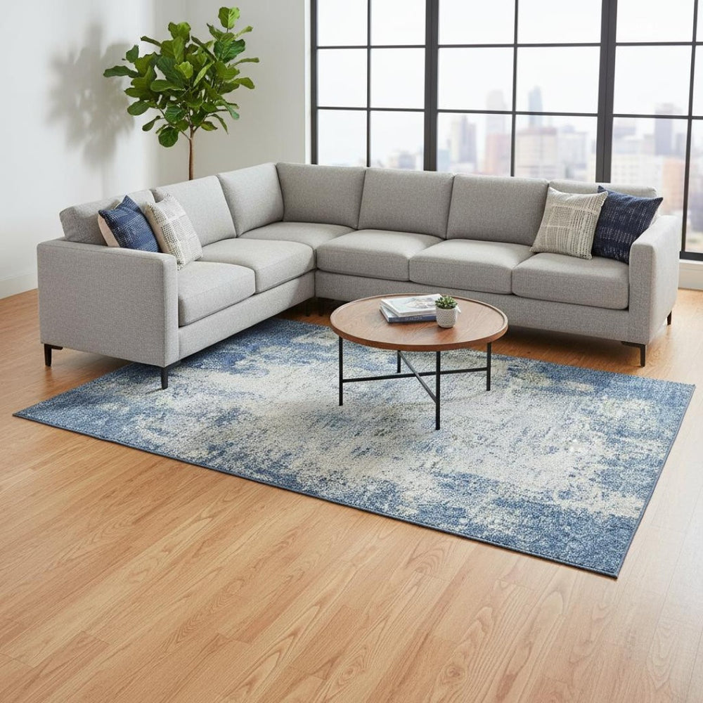 HomeRoots 10' X 14' Denim Blue & Ivory Abstract Area Rug - Washable, UV-Protected, Perfect for Busy Homes! 674844