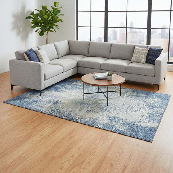 HomeRoots 10' X 14' Denim Blue & Ivory Abstract Area Rug - Washable, UV-Protected, Perfect for Busy Homes! 674844