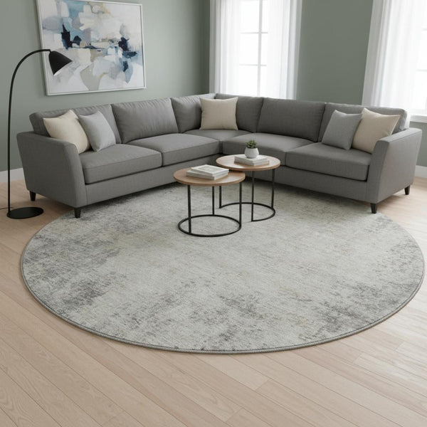 HomeRoots 8' Gray And Ivory Abstract Round Rug - Washable, UV Protected, Stain Resistant for Modern Homes 674847