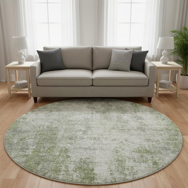 HomeRoots 8' Green And Ivory Abstract Washable Round Rug - UV Protected, Soft, Durable, Stylish & Easy Care 674853