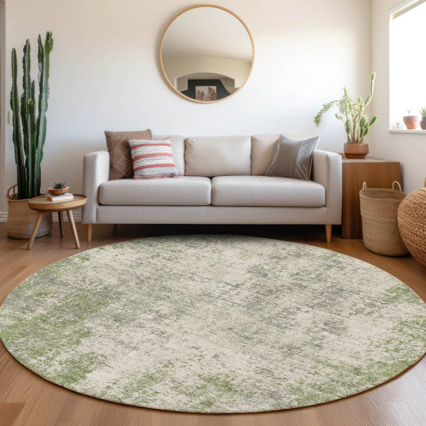 HomeRoots 8' Green And Ivory Abstract Washable Round Rug - UV Protected, Soft, Durable, Stylish & Easy Care 674853