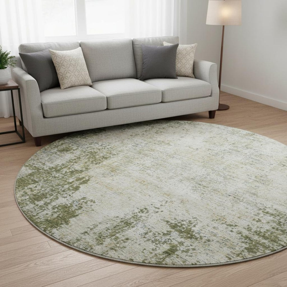 HomeRoots 8' Olive Green and Ivory Abstract Round Rug - Washable, UV-Protected, Durable for Indoor/Outdoor Use 674859