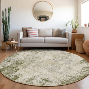 HomeRoots 8' Olive Green and Ivory Abstract Round Rug - Washable, UV-Protected, Durable for Indoor/Outdoor Use 674859