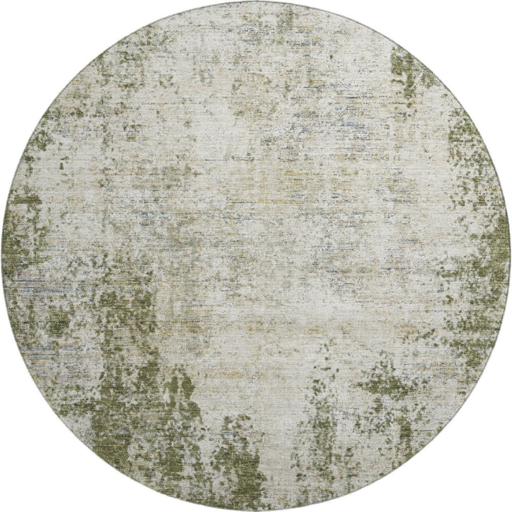HomeRoots 8' Olive Green and Ivory Abstract Round Rug - Washable, UV-Protected, Durable for Indoor/Outdoor Use 674859