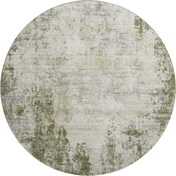 HomeRoots 8' Olive Green and Ivory Abstract Round Rug - Washable, UV-Protected, Durable for Indoor/Outdoor Use 674859
