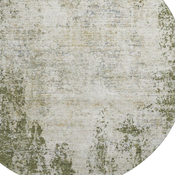 HomeRoots 8' Olive Green and Ivory Abstract Round Rug - Washable, UV-Protected, Durable for Indoor/Outdoor Use 674859