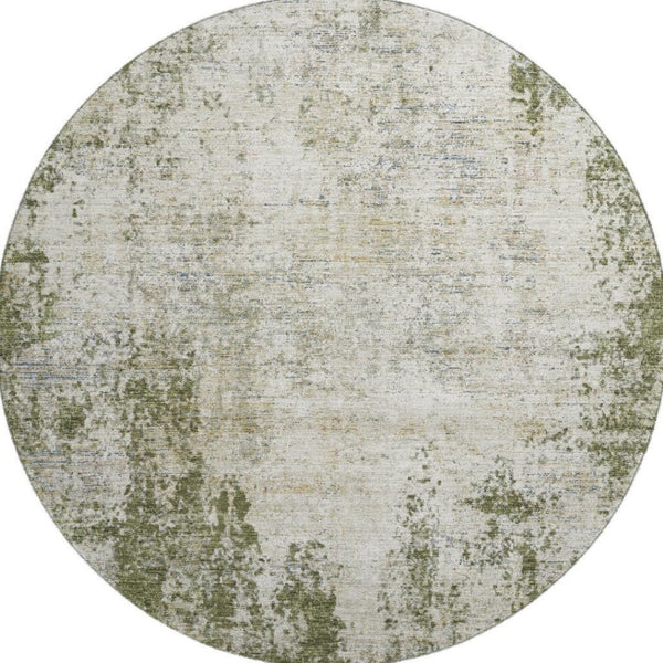 HomeRoots 8' Olive Green and Ivory Abstract Round Rug - Washable, UV-Protected, Durable for Indoor/Outdoor Use 674859