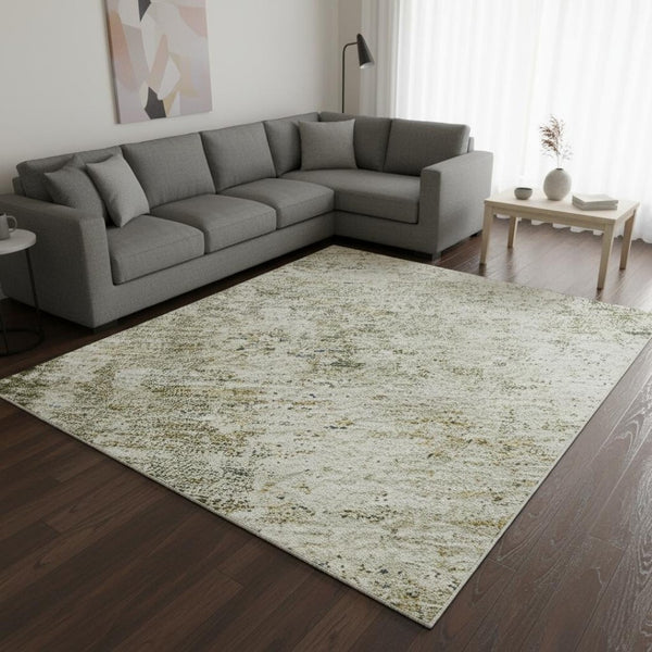 HomeRoots 8' X 10' Olive Green & Ivory Abstract Area Rug – Washable, UV-Protected, Perfect for Family Spaces! 674860