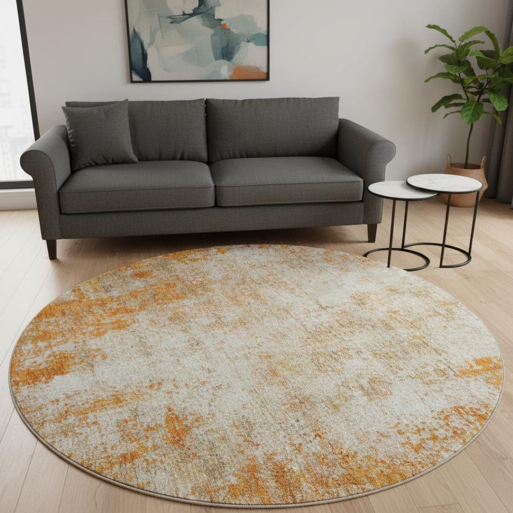 HomeRoots 8' Orange And Ivory Abstract Round Washable Rug - UV Protected, Stain-Resistant, Durable Design 674865