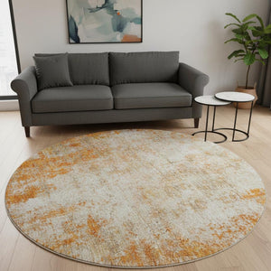 HomeRoots 8' Orange And Ivory Abstract Round Washable Rug - UV Protected, Stain-Resistant, Durable Design 674865