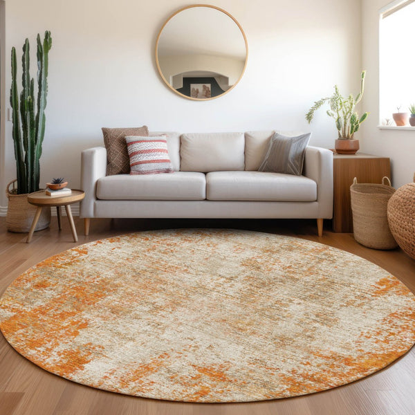 HomeRoots 8' Orange And Ivory Abstract Round Washable Rug - UV Protected, Stain-Resistant, Durable Design 674865