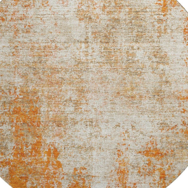 HomeRoots 8' Orange And Ivory Abstract Round Washable Rug - UV Protected, Stain-Resistant, Durable Design 674865