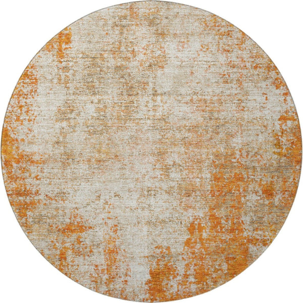 HomeRoots 8' Orange And Ivory Abstract Round Washable Rug - UV Protected, Stain-Resistant, Durable Design 674865