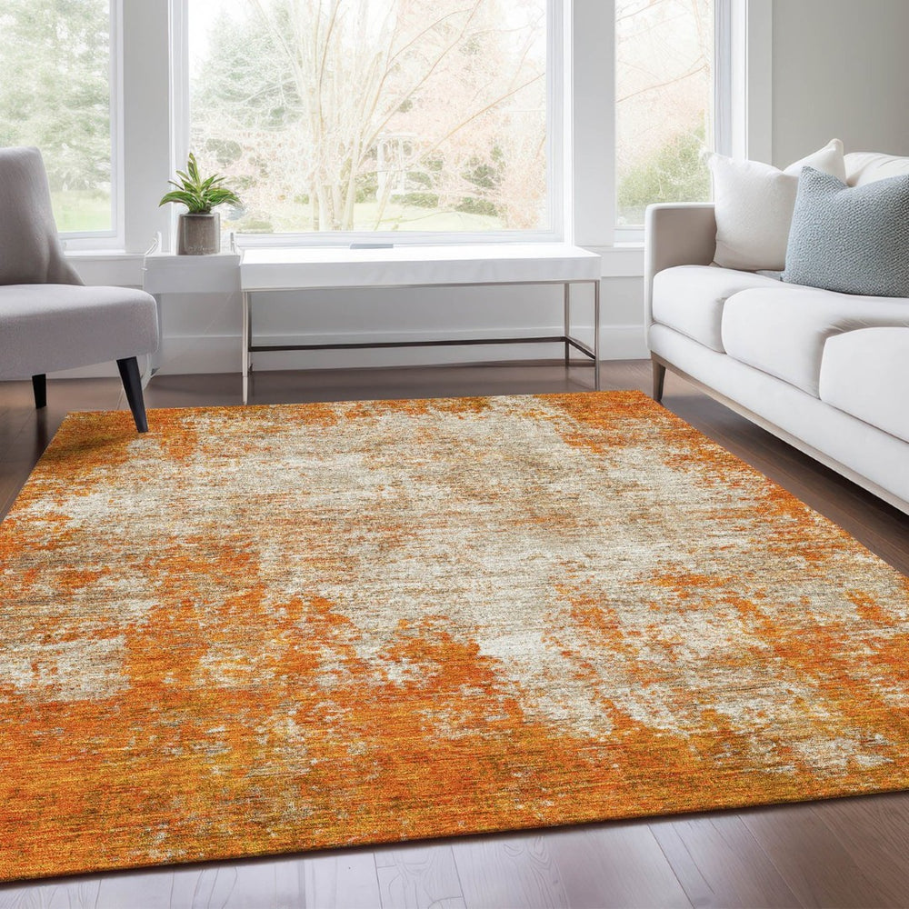 HomeRoots 9' X 12' Orange & Ivory Abstract Washable Area Rug – Stylish, Durable, UV-Protected for Modern Homes! 674867