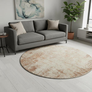 HomeRoots 8' Rust and Beige Abstract Round Rug – Washable, Stain-Resistant, UV Protected for Modern Homes 674871