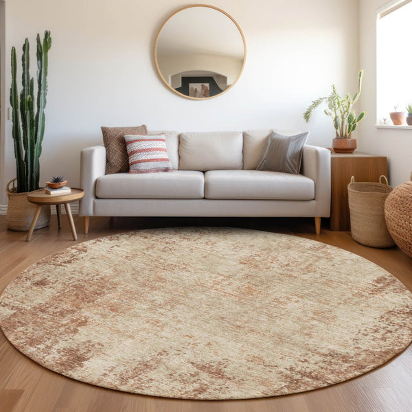 HomeRoots 8' Rust and Beige Abstract Round Rug – Washable, Stain-Resistant, UV Protected for Modern Homes 674871