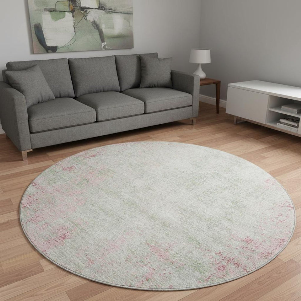 HomeRoots 8' Pink And Ivory Abstract Round Rug - Stylish, Washable, Stain-Resistant with UV Protection! 674877