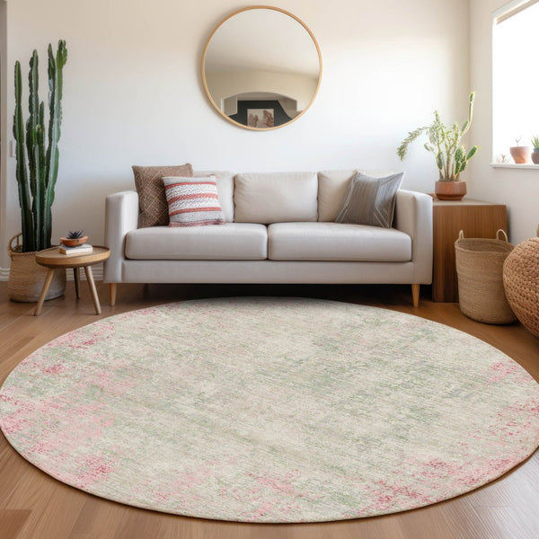 HomeRoots 8' Pink And Ivory Abstract Round Rug - Stylish, Washable, Stain-Resistant with UV Protection! 674877